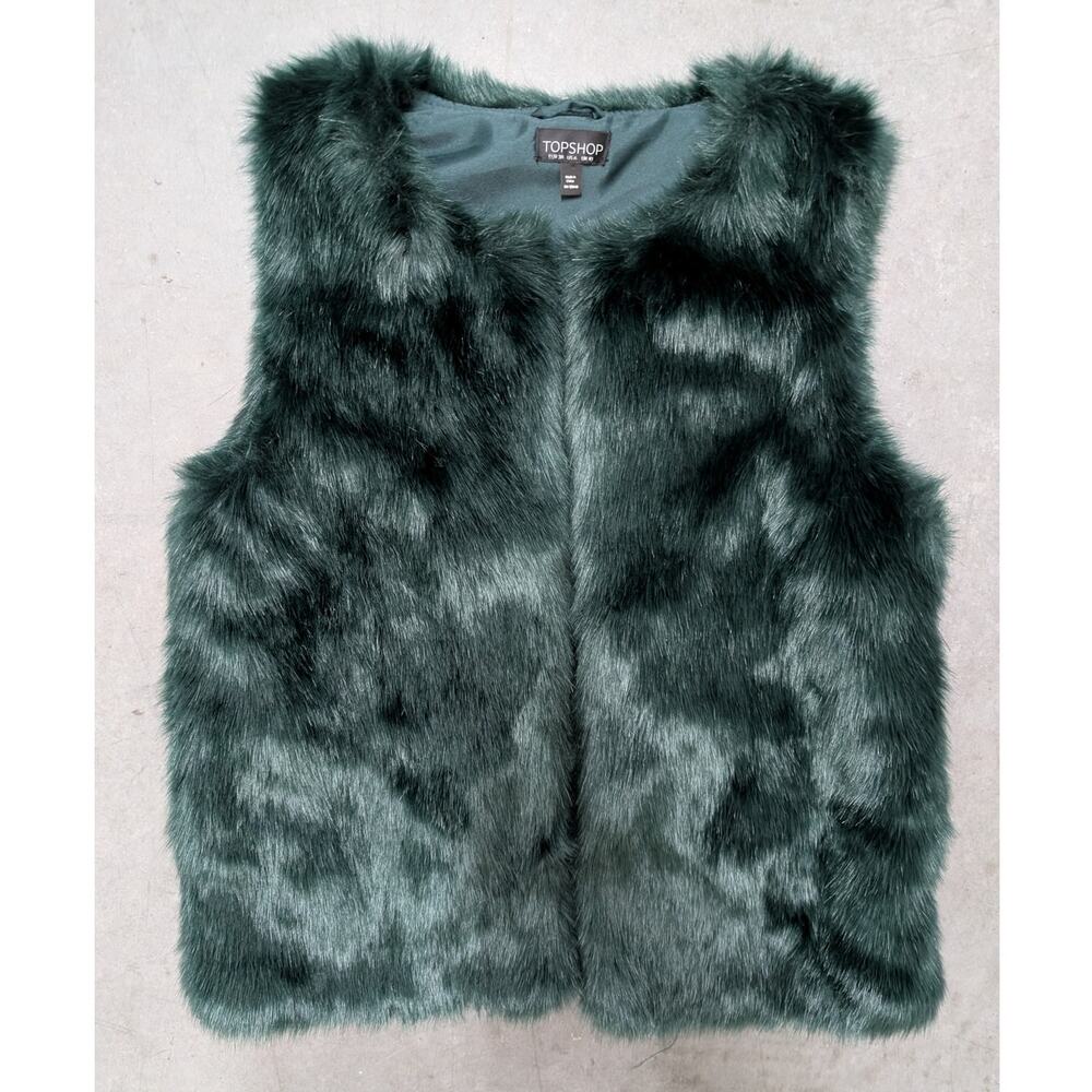 Topshop Women's US 6 EUR 38 Dark Green Faux Fur Vest Gilet Jacket Layering Chic